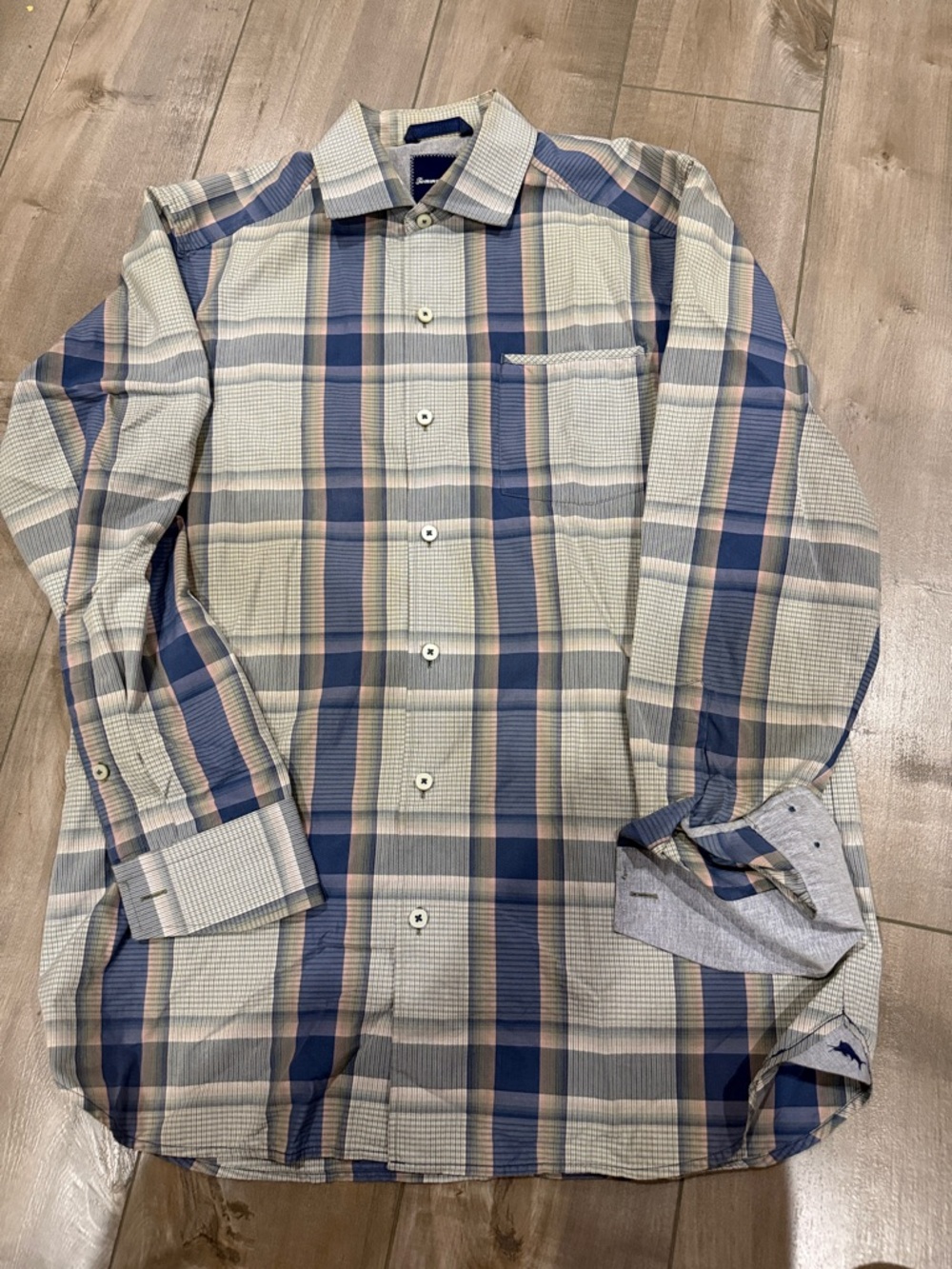 Tommy Bahama Blue and Cream Plaid Long-Sleeve Dress Shirt